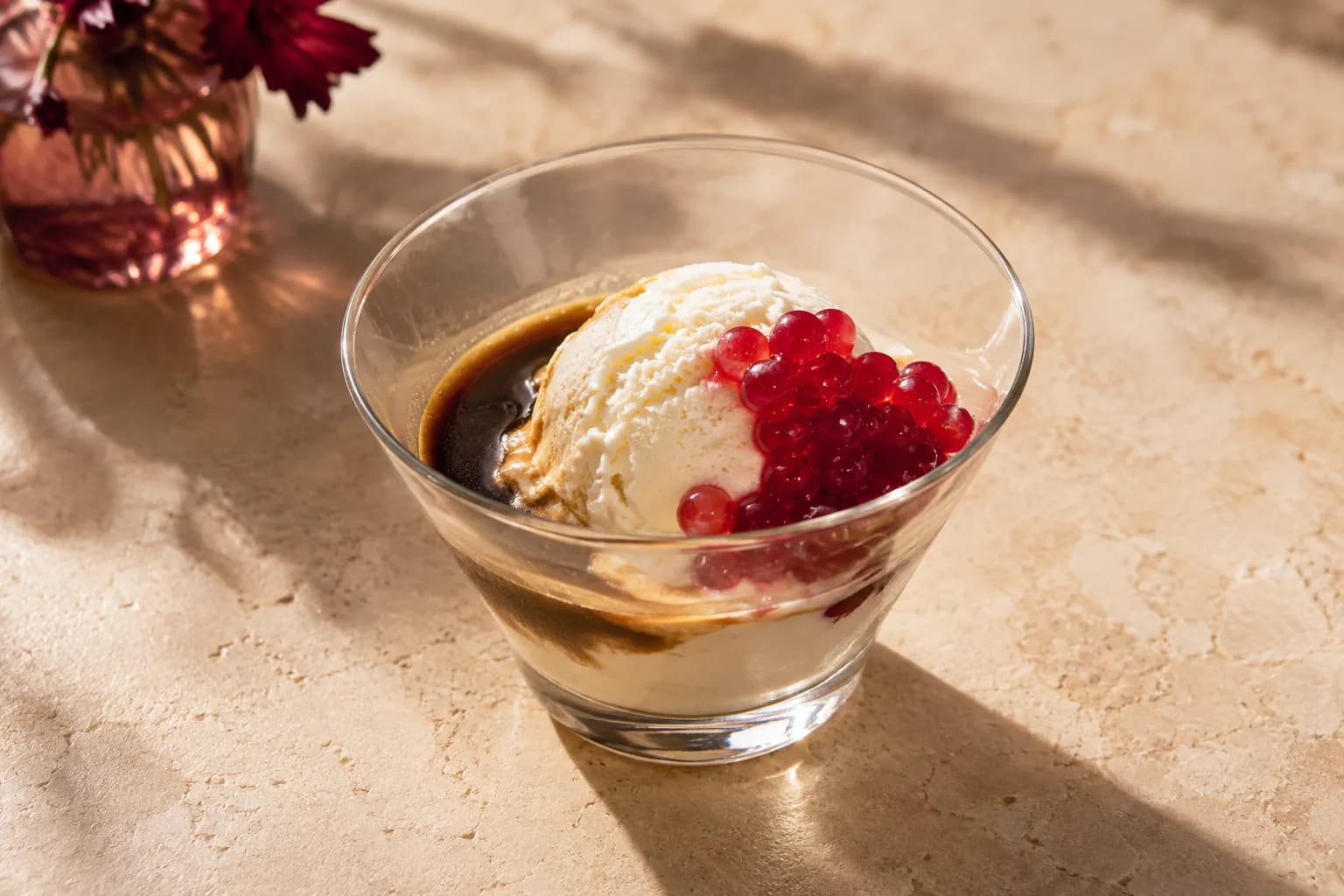 Affogato, Hibiscus Pearls — the fast dessert