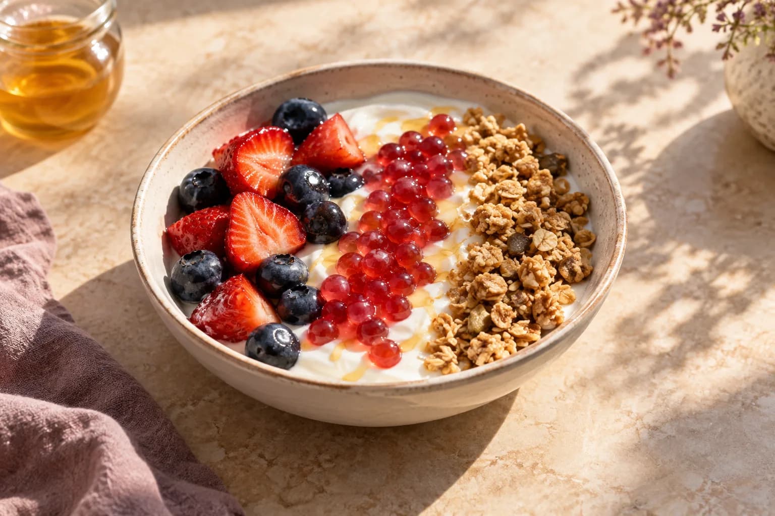 Berry Yogurt Bowl, Hibiscus Pearls — the pink breakfast bowl