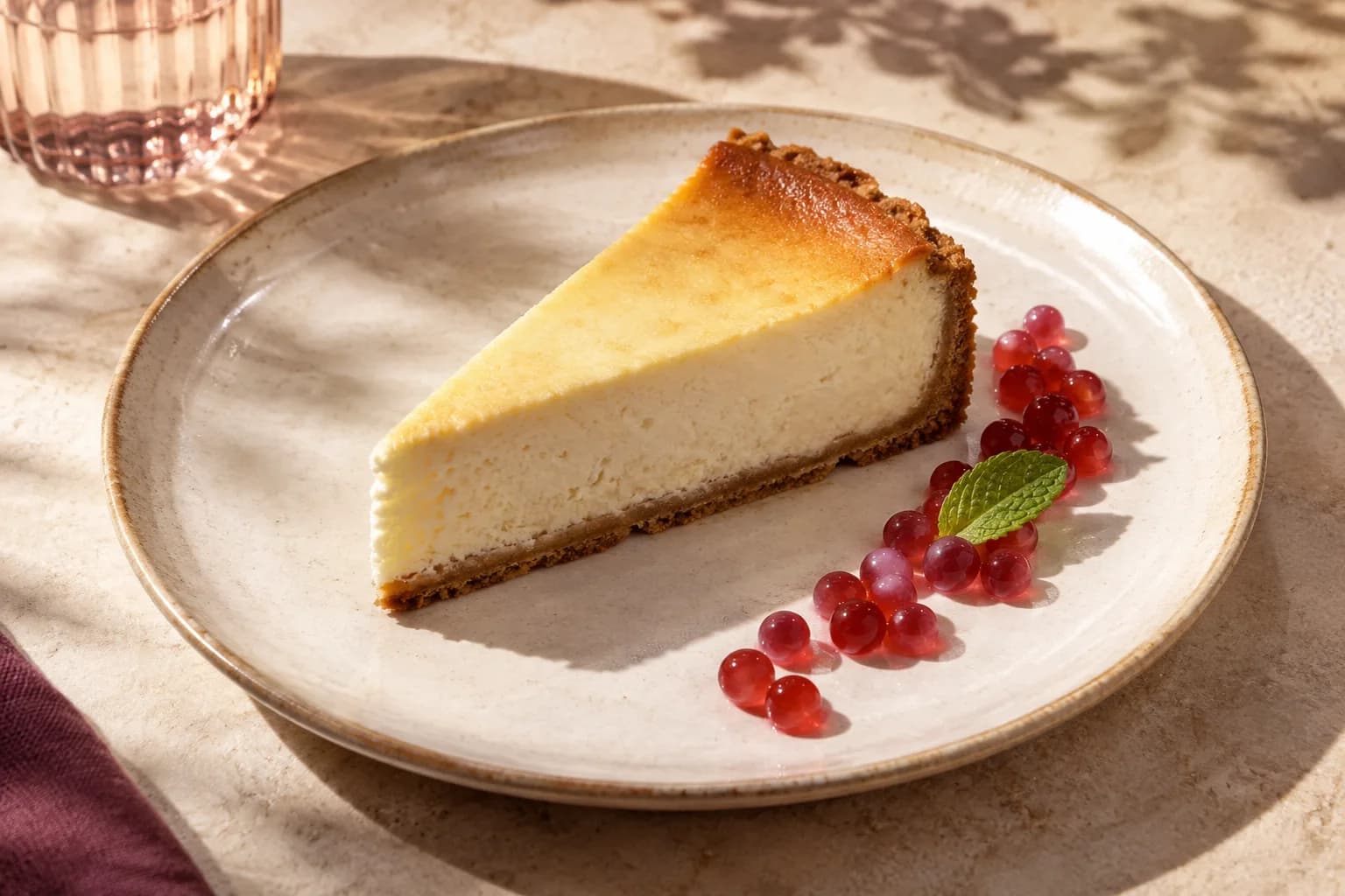 Baked Cheesecake, Hibiscus Pearls — the slice that needed a sauce