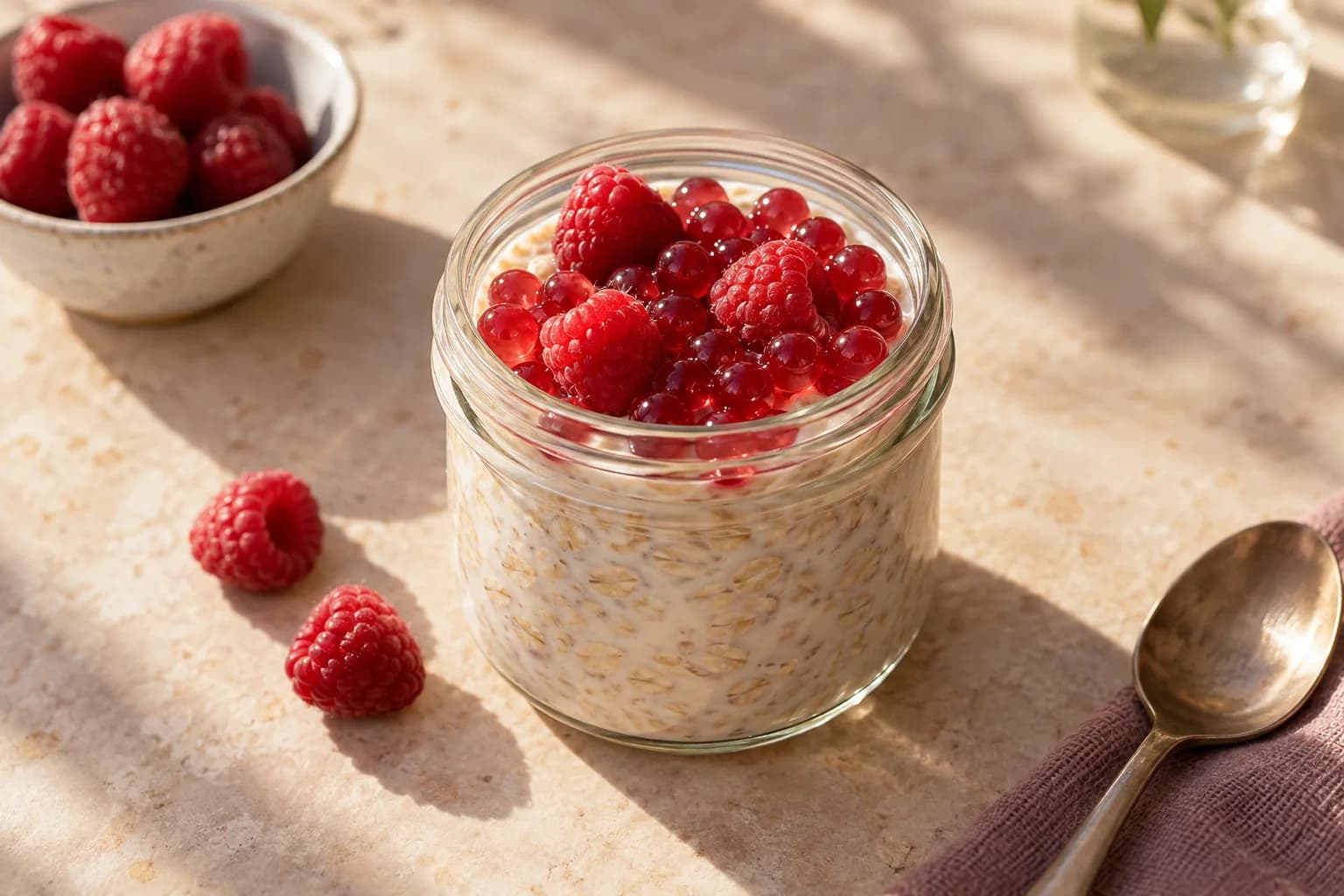 Overnight Oats, Hibiscus Pearls — the night-before one